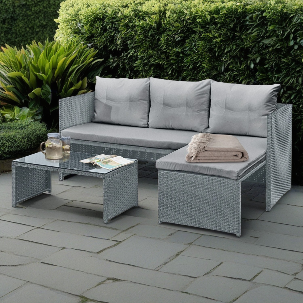 Grey Florence 3 Seater L Shaped Outdoor Rattan Corner Sofa with Table Daniel James Products